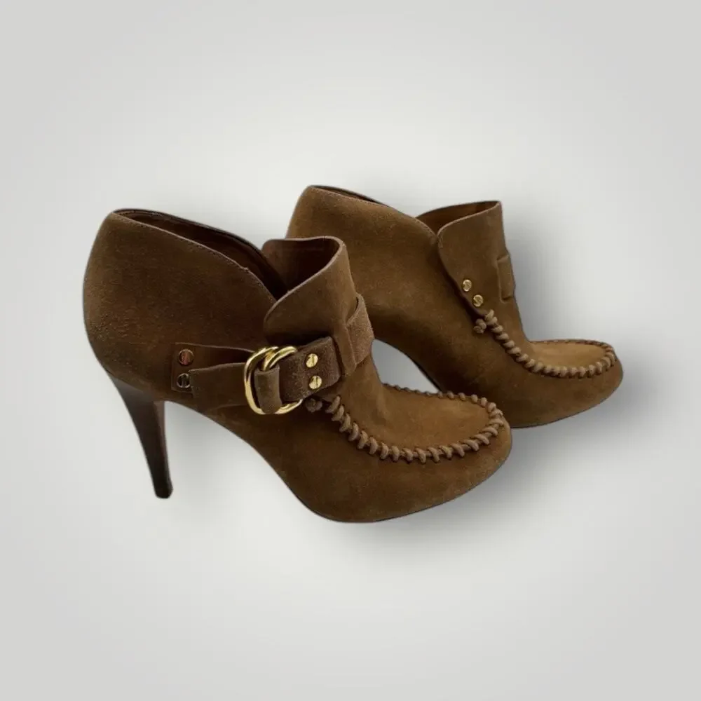 Tory Burch Womens Belen 9.5 Suede Stiletto Ankle Boots Booties Tan Camel Buckles